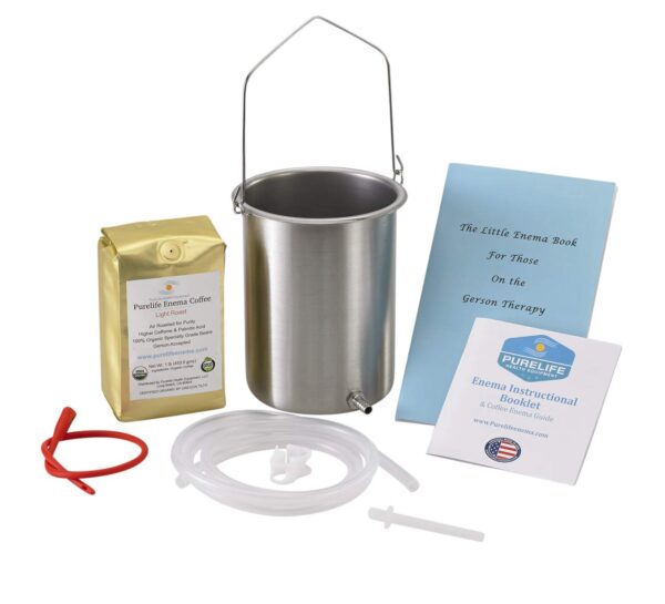 Kit enema café acero inoxidable Purelife USA con cubeta y manguera