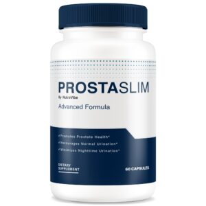 Botella de pastillas ProstaSlim para salud prostática NutraVibe