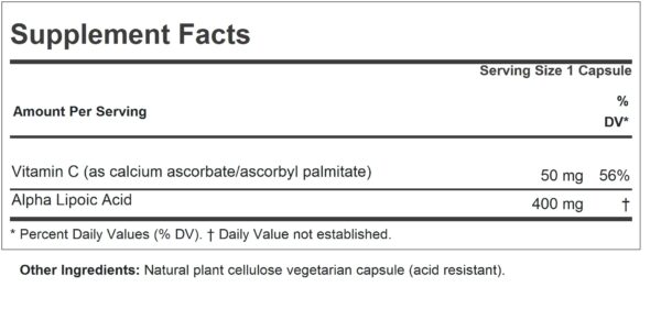 Etiqueta del producto Alpha Lipoic Acid 400 mg Andrew Lessman