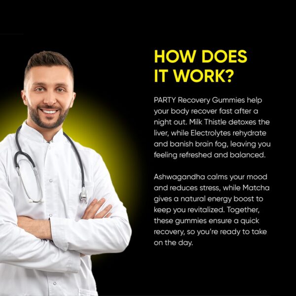 Paquete y contenido gomitas Party Recovery para rehidratar