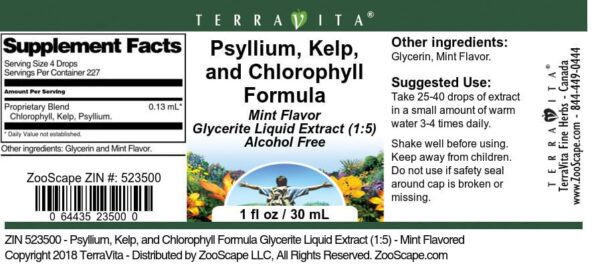 Frasco extracto Terravita psyllium alga clorofila sabor menta 1 oz