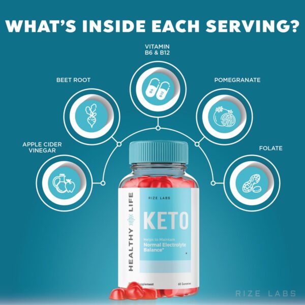 Etiqueta frontal gomitas Healthy Life Keto ACV para adelgazar