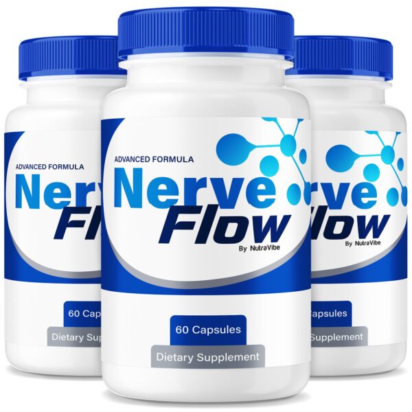 Frasco de cápsulas Nerve Flow de NutraVibe para salud diaria.