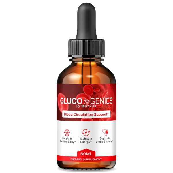 Frasco de gotas líquidas GlucoGenics para salud diaria