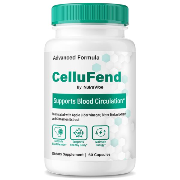 Frasco de cápsulas NutraVibe CelluFend para equilibrio celular