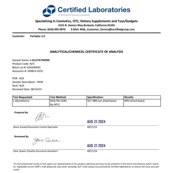 Etiqueta partiQlar Pure L-Glutatión antioxidante