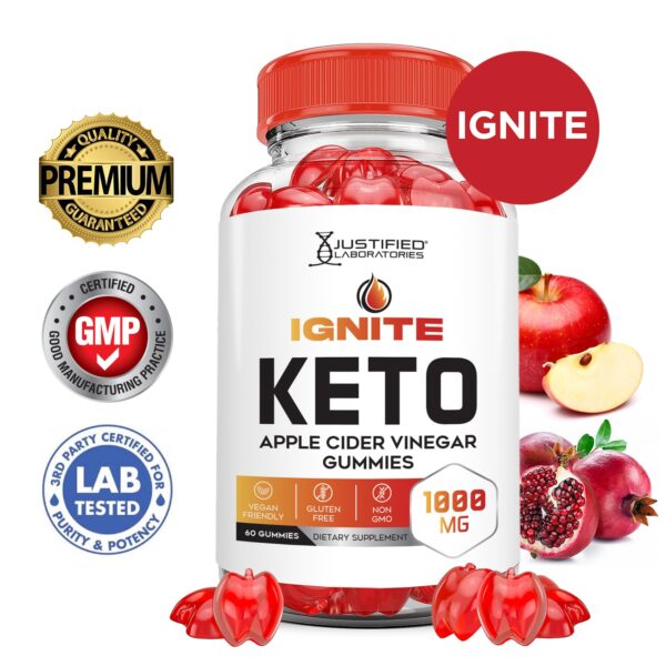 Frontal envase Ignite Keto ACV Gummies con ingredientes premium