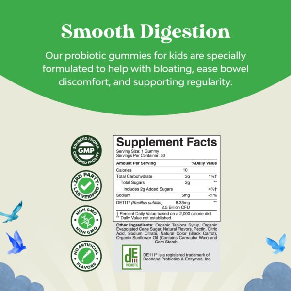 Frasco abierto de gomitas probióticas para niños con Bacillus Subtilis