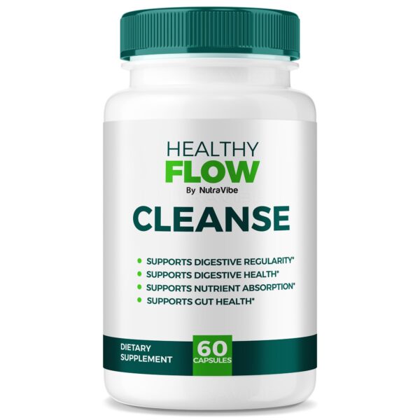 Version 1.0.0 NutraVibe Healthy Flow Cleanse frasco y etiqueta