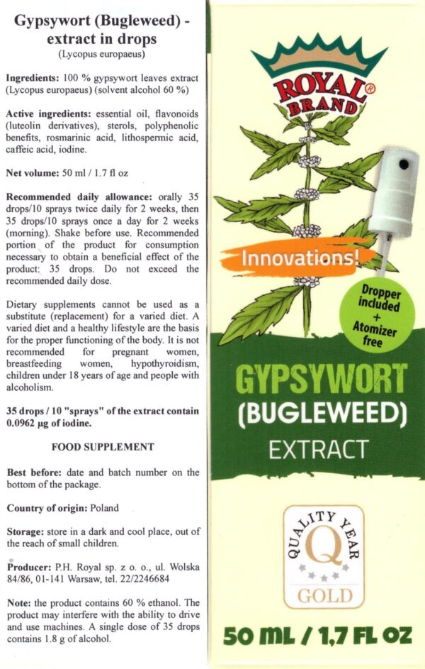 Frasco de vidrio con gotero de extracto Royal Brand Gypsywort