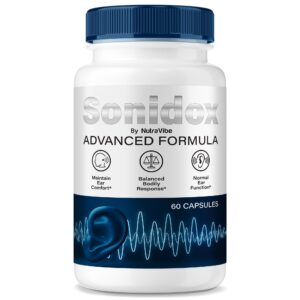 Frasco de cápsulas NutraVibe Sonidox para salud auditiva