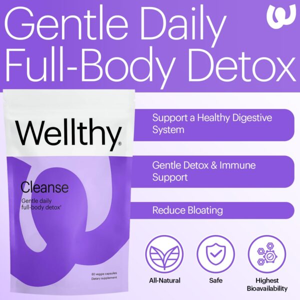 Envase Wellthy Detox con fórmula natural y cápsulas veganas para salud digestiva