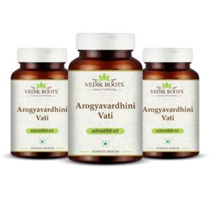 Tabletas Vedikroots Arogyavardhini paquete frontal para detox hepático