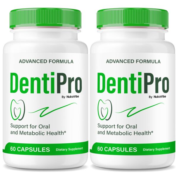 Frasco de cápsulas DentiPro para salud dental y encías NutraVibe