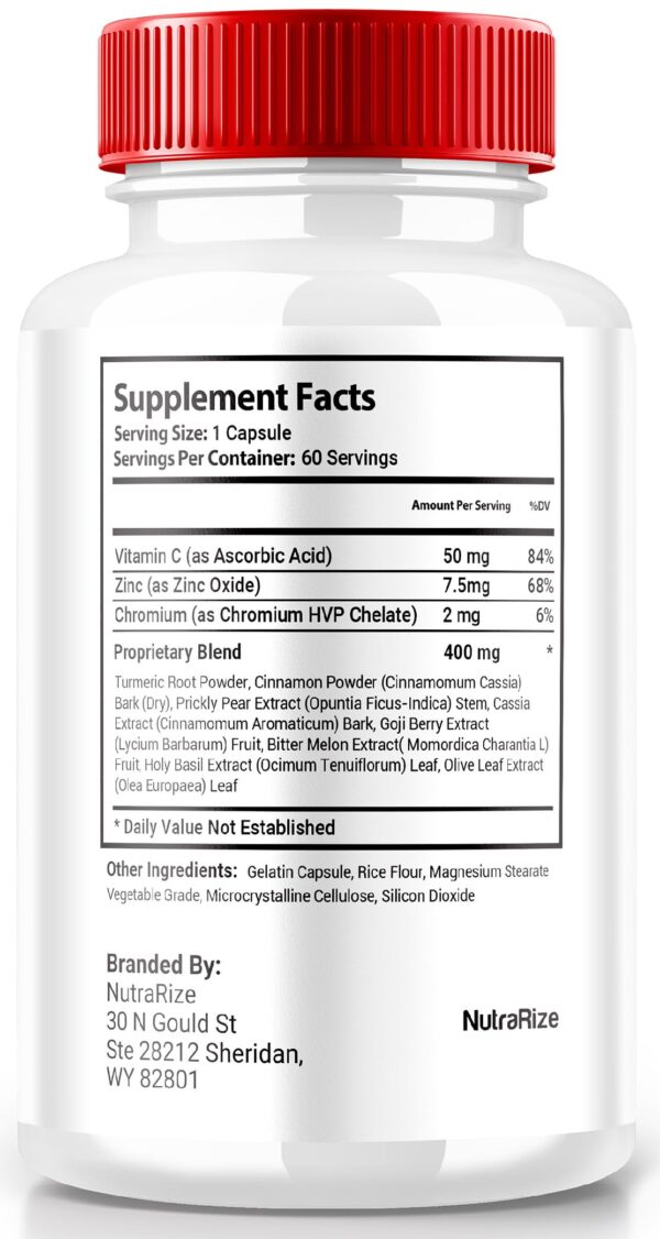 Frasco de cápsulas NutraRize GlucoGuard fórmula avanzada