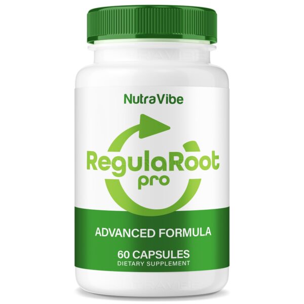 Frasco de NutraVibe RegulaRoot Pro 60 cápsulas de apoyo digestivo
