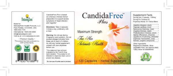 Botella de 120 cápsulas veganas Candida-Free para higiene femenina