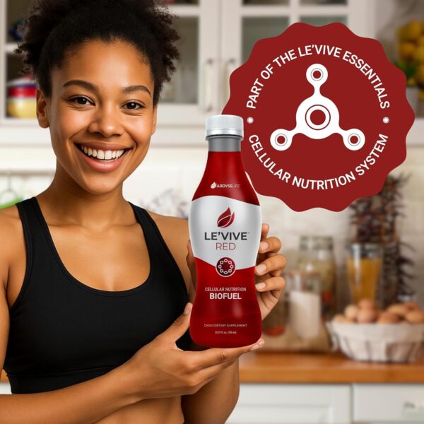 Frasco de jugo Le’Vive Red con etiqueta roja