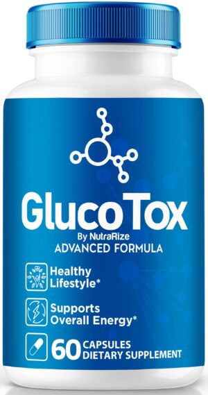 Botella cápsulas NutraRize GlucoTox para salud natural