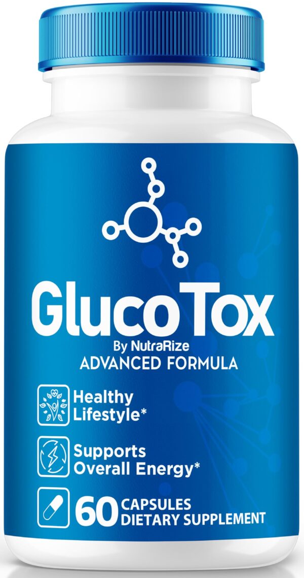 Botella cápsulas NutraRize GlucoTox para salud natural