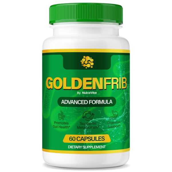 Frasco de cápsulas GoldenFrib para soporte digestivo natural
