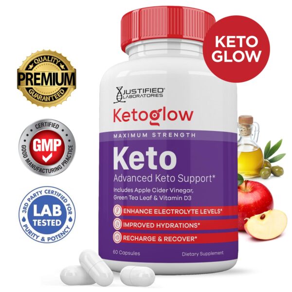 Frente del envase Keto Glow mezcla avanzada soporte keto
