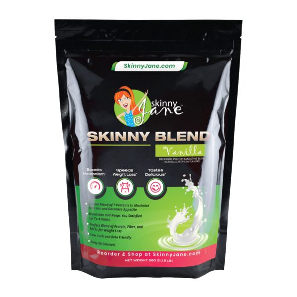 Bolsa Skinny Blend batido proteico sabor vainilla paquete 1.5 lb