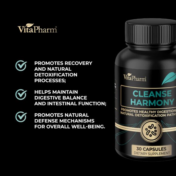Vista lateral frasco suplemento VitaPharm Cleanse Harmony
