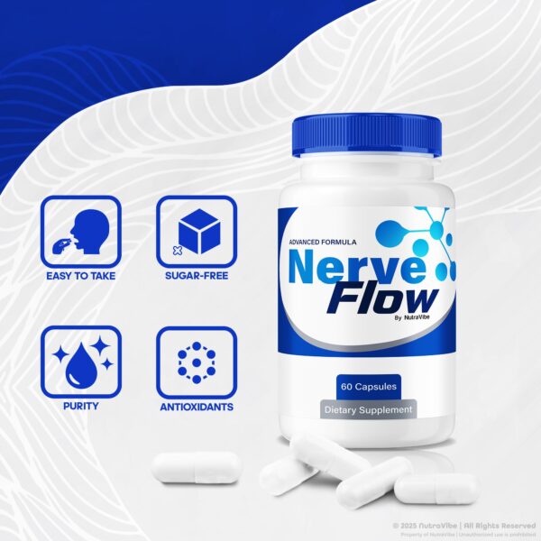 Version 1.0.0 NutraVibe Nerve Flow en estante de farmacia