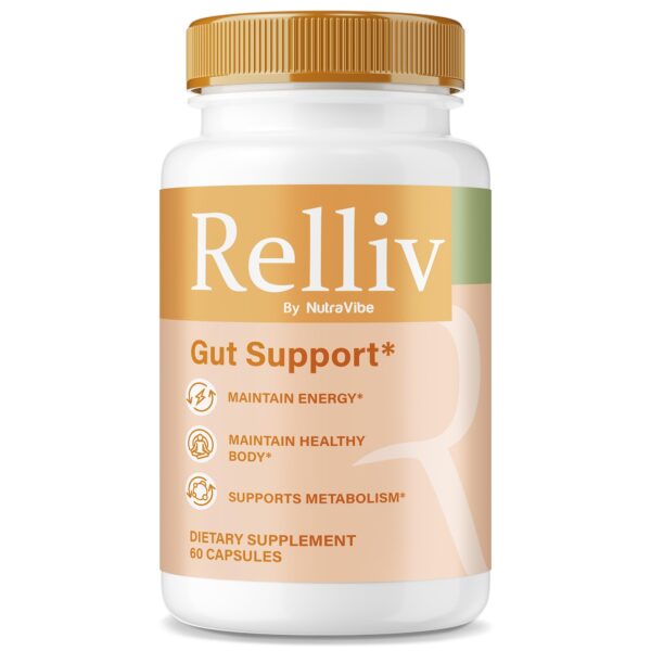 Frasco NutraVibe Relliv fórmula apoyo intestinal 60 cápsulas