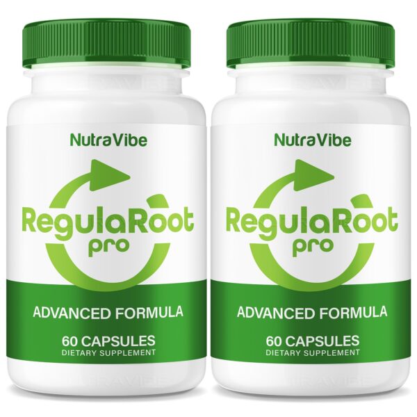 Frasco de RegulaRoot Pro soporte digestivo con cápsulas naturales NutraVibe