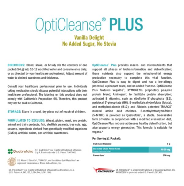 Etiqueta con detalles nutricionales XYMOGEN OptiCleanse Plus