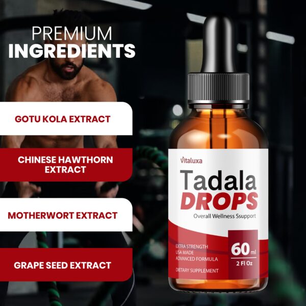 Vista de botella del suplemento líquido Tadala Drops