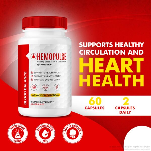 Frasco de suplemento HemoPulse con ingredientes naturales