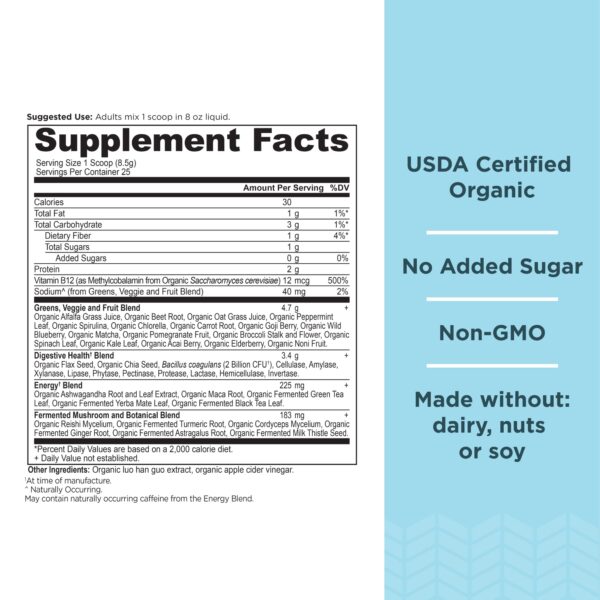 Detalle del polvo verde SuperGreens Energizer con probióticos