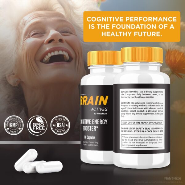 Frasco de 60 cápsulas Brain Actives para salud cognitiva