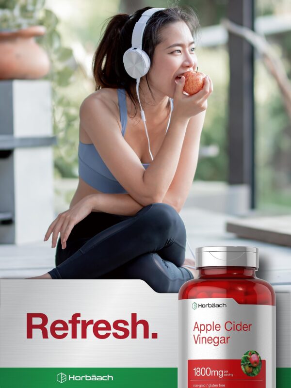 Vista lateral botella Horbäach cápsulas vinagre sidra de manzana