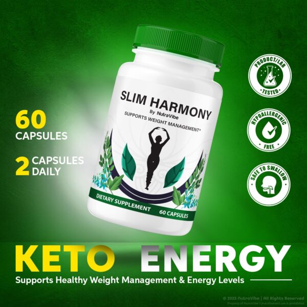 Suplemento SlimHarmony muestra caja y cápsulas para mujeres