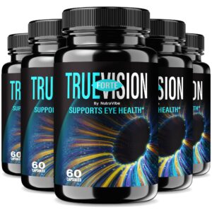 Botella de cápsulas NutraVibe TrueVision Forte para apoyo ocular diario.