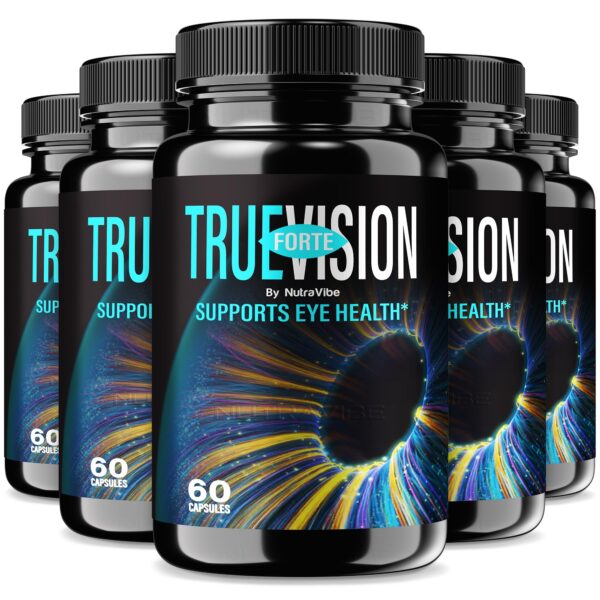 Botella de cápsulas NutraVibe TrueVision Forte para apoyo ocular diario.