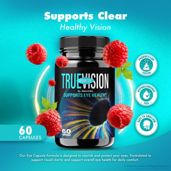Caja y botella de suplemento ocular NutraVibe TrueVision Forte