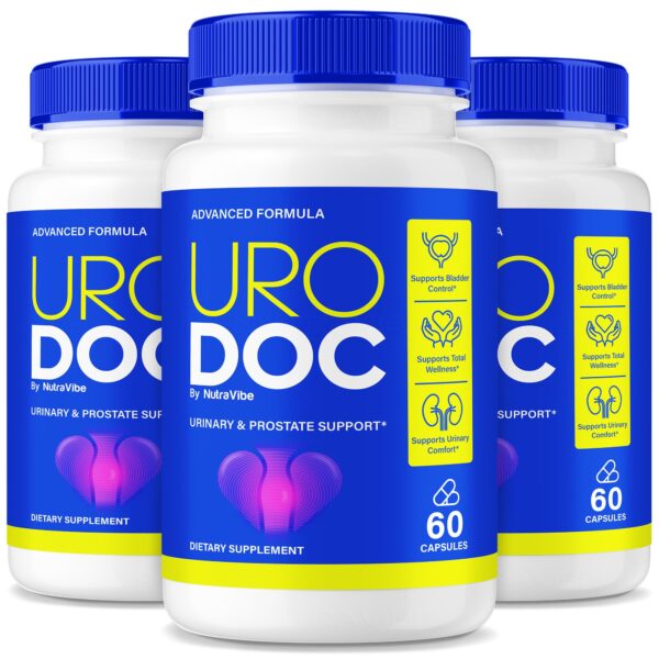 Paquete de tres frascos de cápsulas Uro Doc para soporte prostático