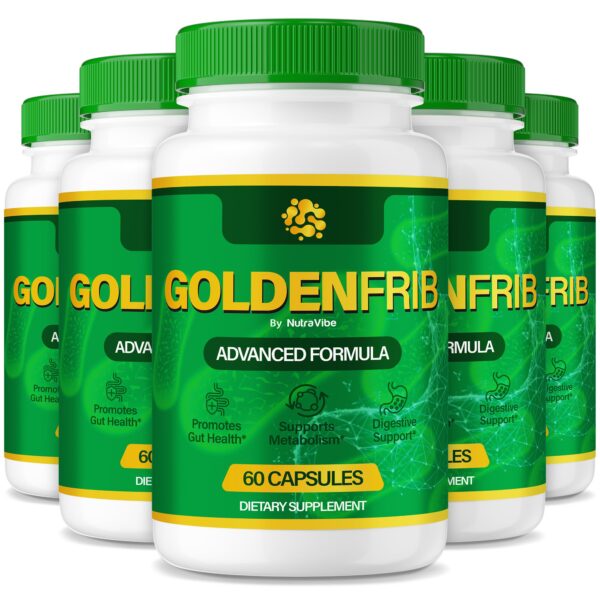 Paquete de cinco botellas GoldenFrib para soporte digestivo con cápsulas
