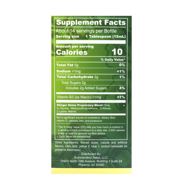 Detalle etiqueta bebida Stinger Detox para limpieza corporal