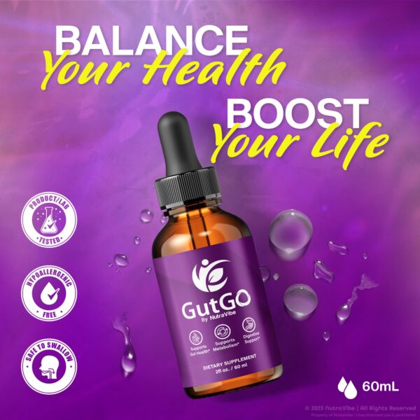 Gotas de soporte intestinal NutraVibe GutGo fácil uso diario