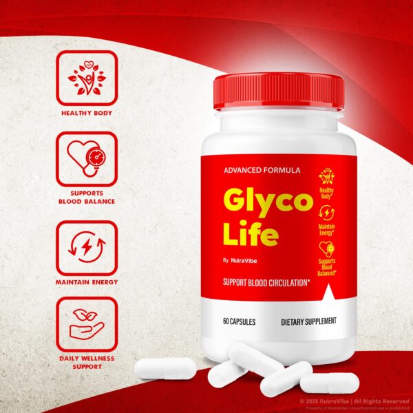 Frasco de suplemento Glyco Life para bienestar diario
