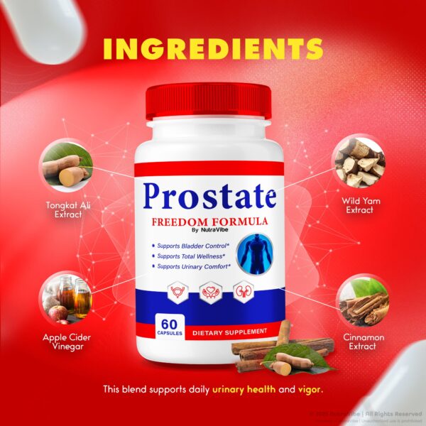Envase con 60 cápsulas NutraVibe Prostate Freedom
