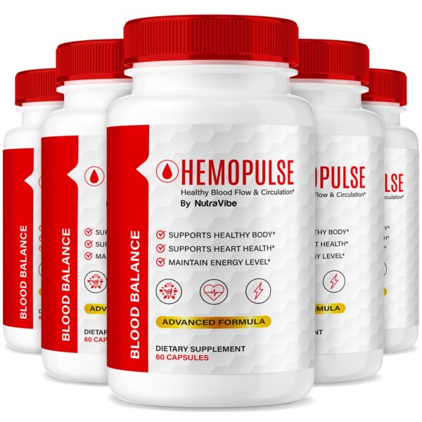 Frascos de cápsulas HemoPulse NutraVibe para energía y circulación