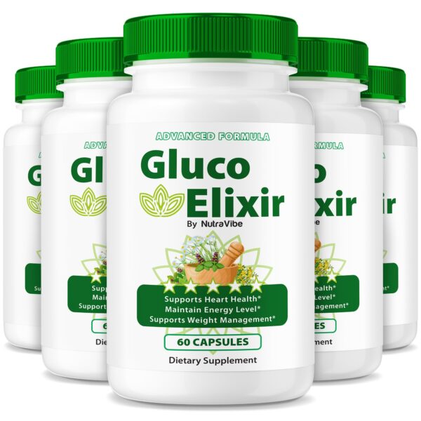 Botella de Gluco Elixir NutraVibe, suplemento natural.