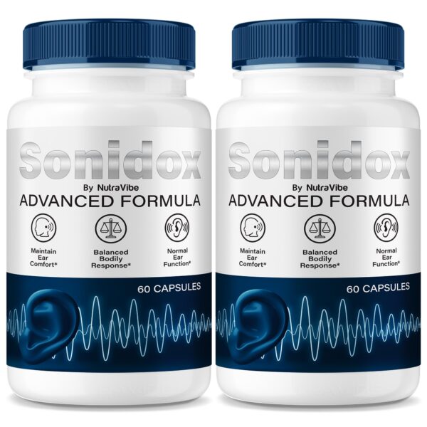 Frasco de cápsulas Sonidox de NutraVibe para apoyo auditivo